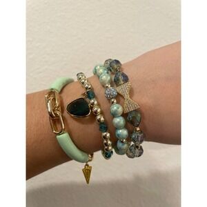 Erimish Bracelet Stack 4 Piece " Mint Green Gold Teardrop Charm Pavé Bow Boho #8